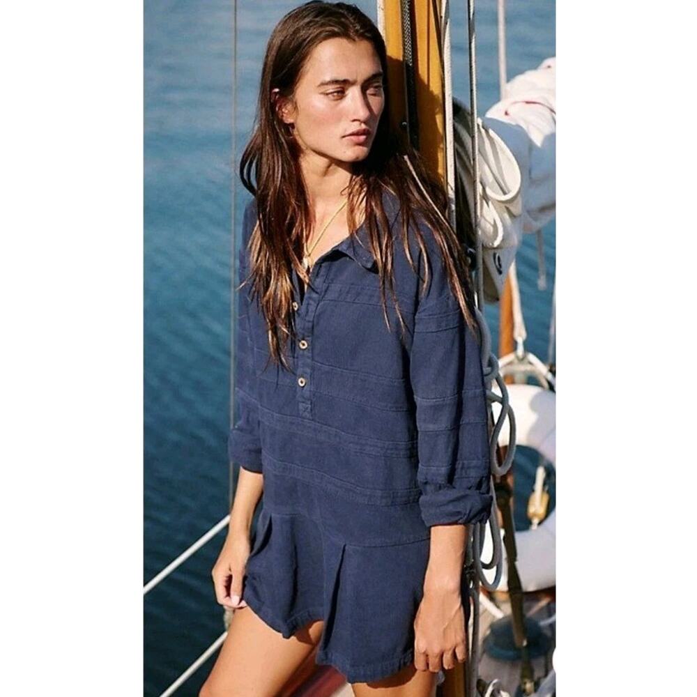 Free People Free-est‎ MED Checking In Mini Dress / Tunic Long Sleeve Iris Blue